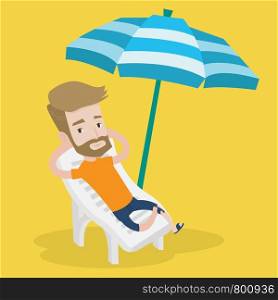 A hipster man with the beard sitting in a chaise longue on the beach. Young happy man resting on holiday while sitting under umbrella on the beach. Vector flat design illustration. Square layout.. Man relaxing on beach chair vector illustration.