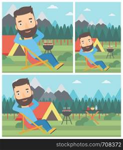 A hipster man with the beard sitting in a folding chair in the camp. Man relaxing and enjoying his camping holiday near the tent. Vector flat design illustration. Square, horizontal, vertical layouts.. Man sitting in folding chair in the camp.