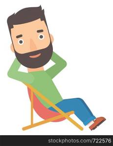 A hipster man with the beard sitting in a folding chair vector flat design illustration isolated on white background. . Man sitting in a folding chair.