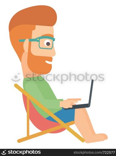 A hipster man with the beard sitting in a folding chair with laptop vector flat design illustration isolated on white background. . Man sitting in a folding chair.