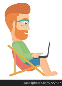 A hipster man with the beard sitting in a folding chair with laptop vector flat design illustration isolated on white background. . Man sitting in a folding chair.