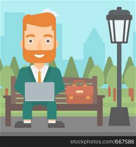 A hipster man with the beard sitting in the park on a bench and working on a laptop vector flat design illustration. Square layout.. Man working on laptop.