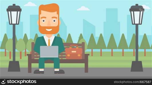 A hipster man with the beard sitting in the park on a bench and working on a laptop vector flat design illustration. Horizontal layout.. Man working on laptop.