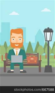 A hipster man with the beard sitting in the park on a bench and working on a laptop vector flat design illustration. Vertical layout.. Man working on laptop.
