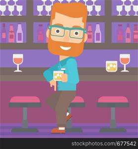 A hipster man with the beard sitting near the bar counter and holding a glass vector flat design illustration. Square layout.. Man sitting at bar.