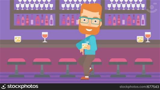 A hipster man with the beard sitting near the bar counter and holding a glass vector flat design illustration. Horizontal layout.. Man sitting at bar.