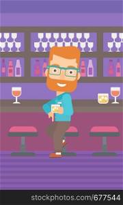 A hipster man with the beard sitting near the bar counter and holding a glass vector flat design illustration. Vertical layout.. Man sitting at bar.