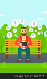 A hipster man with the beard sitting on a bench in the park and holding a tablet computer with many avatar icons above vector flat design illustration. Vertical layout.. Social media network.