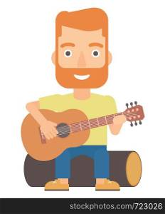 A hipster man with the beard sitting on a log and playing a guitar vector flat design illustration isolated on white background.. Man playing guitar.