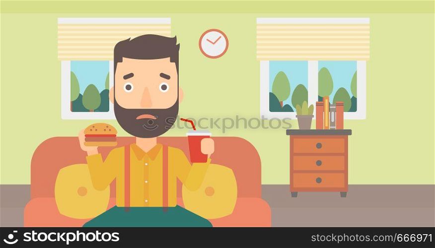 A hipster man with the beard sitting on a sofa while eating hamburger and drinking soda on the background of living room vector flat design illustration. Horizontal layout.. Man eating hamburger.