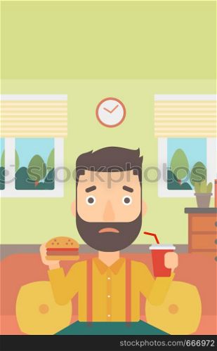 A hipster man with the beard sitting on a sofa while eating hamburger and drinking soda on the background of living room vector flat design illustration. Vrtical layout.. Man eating hamburger.