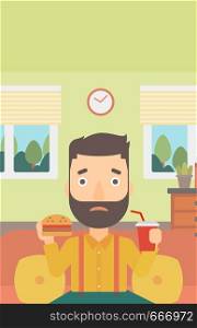 A hipster man with the beard sitting on a sofa while eating hamburger and drinking soda on the background of living room vector flat design illustration. Vrtical layout.. Man eating hamburger.