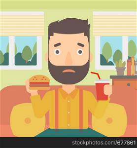 A hipster man with the beard sitting on a sofa while eating hamburger and drinking soda on the background of living room vector flat design illustration. Square layout.. Man eating hamburger.