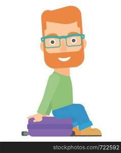 A hipster man with the beard sitting on his suitcase vector flat design illustration isolated on white background.. Man sitting on his suitcase.