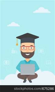 A hipster man with the beard sitting on the cloud with a laptop and some icons connected to the laptop on the background of blue sky vector flat design illustration. Vertical layout.. Graduate sitting on cloud.