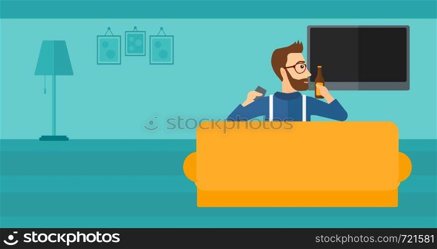 A hipster man with the beard sitting on the couch in living room and watching tv with remote controller in one hand and a bottle in another vector flat design illustration. Horizontal layout.. Man watching TV.