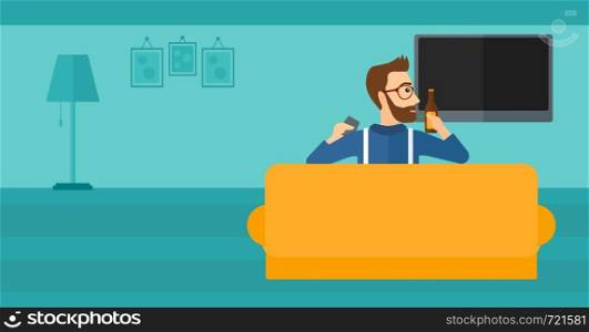 A hipster man with the beard sitting on the couch in living room and watching tv with remote controller in one hand and a bottle in another vector flat design illustration. Horizontal layout.. Man watching TV.