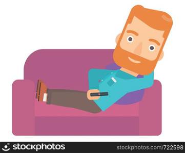 A hipster man with the beard sitting on the couch with remote control vector flat design illustration isolated on white background. . Man sitting on the couch with remote control.
