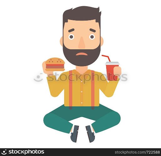 A hipster man with the beard sitting on the floor while eating hamburger and drinking soda vector flat design illustration isolated on white background. . Man eating hamburger.