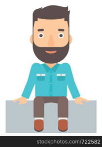 A hipster man with the beard sitting vector flat design illustration isolated on white background. . Smiling man sitting.