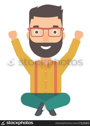 A hipster man with the beard sitting with crossed legs and raised hands up vector flat design illustration isolated on white background. . Man sitting with crossed legs and raised hands up.