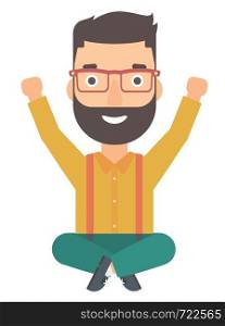 A hipster man with the beard sitting with crossed legs and raised hands up vector flat design illustration isolated on white background. . Man sitting with crossed legs and raised hands up.