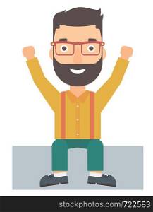 A hipster man with the beard sitting with raised hands up vector flat design illustration isolated on white background. . Man sitting with raised hands up.