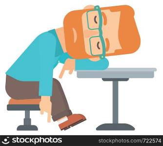 A hipster man with the beard sleeping at the table vector flat design illustration isolated on white background. . Man sleeping in bar.