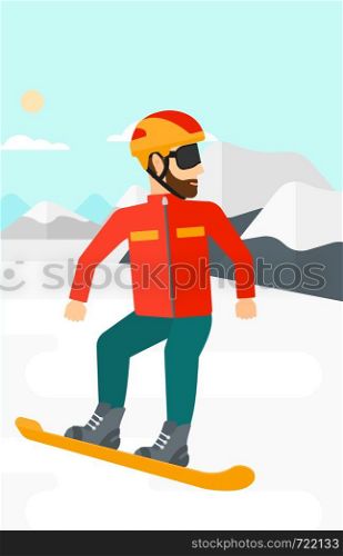 A hipster man with the beard snowboarding on the background of snow capped mountain vector flat design illustration. Vertical layout.. Young man snowboarding.
