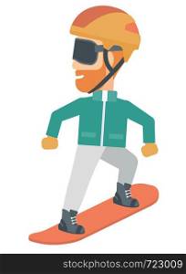 A hipster man with the beard snowboarding vector flat design illustration isolated on white background.. Young man snowboarding.