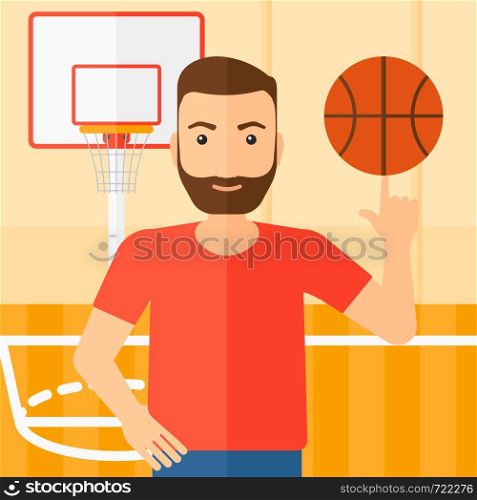 A hipster man with the beard spinning basketball ball on his finger on the background of basketball court vector flat design illustration. Square layout.. Basketball player spinning ball.