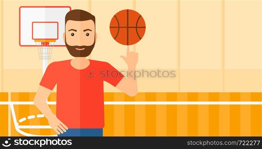 A hipster man with the beard spinning basketball ball on his finger on the background of basketball court vector flat design illustration. Horizontal layout.. Basketball player spinning ball.