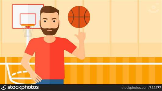 A hipster man with the beard spinning basketball ball on his finger on the background of basketball court vector flat design illustration. Horizontal layout.. Basketball player spinning ball.