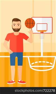 A hipster man with the beard spinning basketball ball on his finger on the background of basketball court vector flat design illustration. Vertical layout.. Basketball player spinning ball.