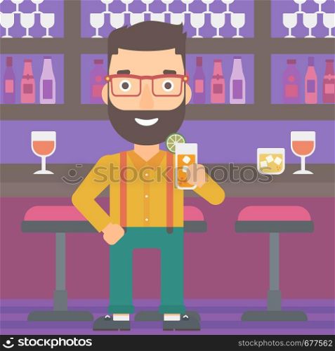 A hipster man with the beard standing at the bar and holding a glass of juice vector flat design illustration. Square layout.. Man holding glass of juice.