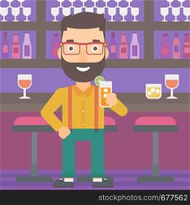 A hipster man with the beard standing at the bar and holding a glass of juice vector flat design illustration. Square layout.. Man holding glass of juice.