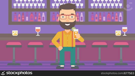 A hipster man with the beard standing at the bar and holding a glass of juice vector flat design illustration. Horizontal layout.. Man holding glass of juice.