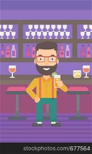 A hipster man with the beard standing at the bar and holding a glass of juice vector flat design illustration. Vertical layout.. Man holding glass of juice.