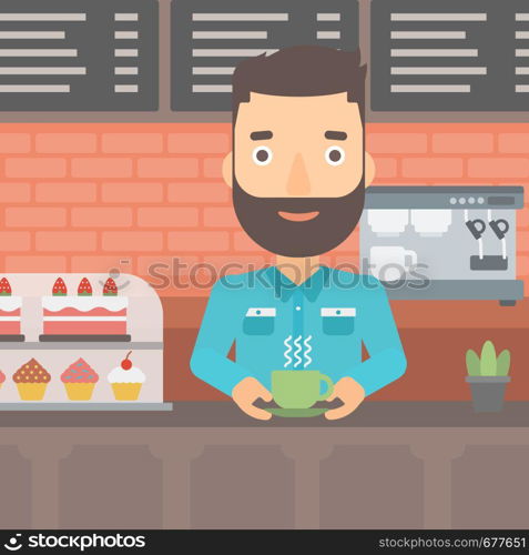 A hipster man with the beard standing at the counter with cup of coffee on the background of bakery with pastry and coffee maker vector flat design illustration. Square layout.. Man making coffee.