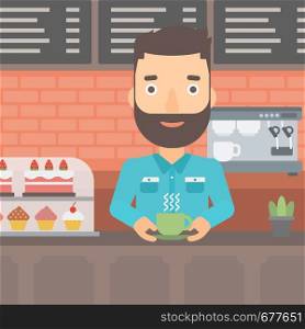 A hipster man with the beard standing at the counter with cup of coffee on the background of bakery with pastry and coffee maker vector flat design illustration. Square layout.. Man making coffee.