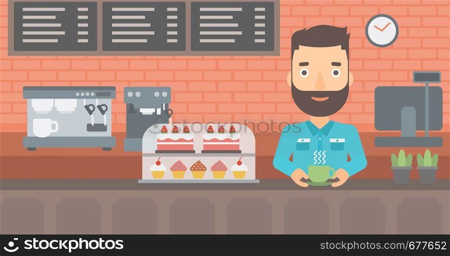 A hipster man with the beard standing at the counter with cup of coffee on the background of bakery with pastry and coffee maker vector flat design illustration. Horizontal layout.. Man making coffee.