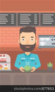 A hipster man with the beard standing at the counter with cup of coffee on the background of bakery with pastry and coffee maker vector flat design illustration. Vertical layout.. Man making coffee.
