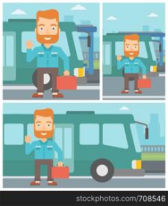 A hipster man with the beard standing at the entrance door of a bus on a city background. Young man waving in front of a bus. Vector flat design illustration. Square, horizontal, vertical layouts.. Man travelling by bus vector illustration.