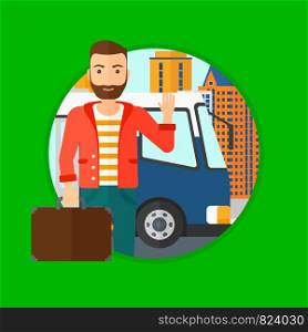 A hipster man with the beard standing at the entrance door of a bus on a city background. Young man waving in front of a bus. Vector flat design illustration in the circle isolated on background.. Man travelling by bus.