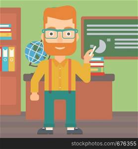 A hipster man with the beard standing in classroom in front of the blackboard with a piece of chalk in his hand vector flat design illustration. Square layout. . Man with chalk in hand.