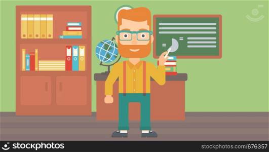 A hipster man with the beard standing in classroom in front of the blackboard with a piece of chalk in his hand vector flat design illustration. Horizontal layout. . Man with chalk in hand.