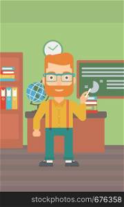 A hipster man with the beard standing in classroom in front of the blackboard with a piece of chalk in his hand vector flat design illustration. Vertical layout. . Man with chalk in hand.