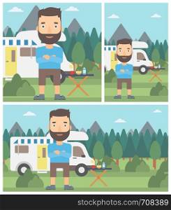 A hipster man with the beard standing in front of motor home. Young man with arms crossed enjoying vacation in camper van. Vector flat design illustration. Square, horizontal, vertical layouts.. Man standing in front of motor home.
