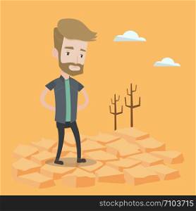 A hipster man with the beard standing in the desert. Frustrated young man standing on cracked earth. Concept of climate change and global warming. Vector flat design illustration. Square layout.. Sad man in the desert vector illustration.