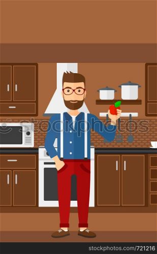 A hipster man with the beard standing in the kitchen and holding an apple in hand vector flat design illustration. Vertical layout.. Man holding apple.